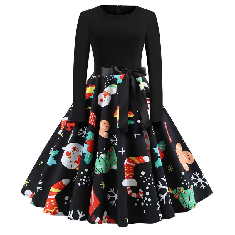 Women’s Vintage Christmas Party Dress – Classic 50s/60s Swing Style with Long Sleeves & Festive Print