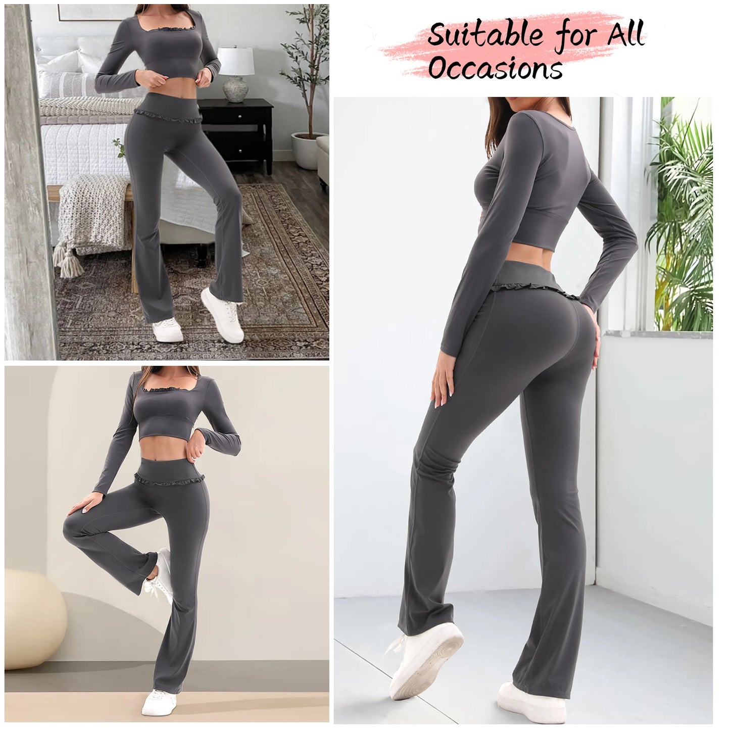 Frill Yoga Set for Women – Tummy Control Flare Pants & Long Sleeve Top (Dark Grey)