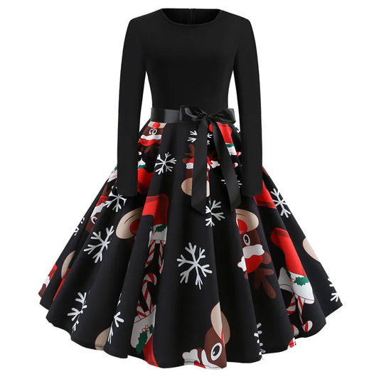 Women’s Vintage Christmas Party Dress – Classic 50s/60s Swing Style with Long Sleeves & Festive Print