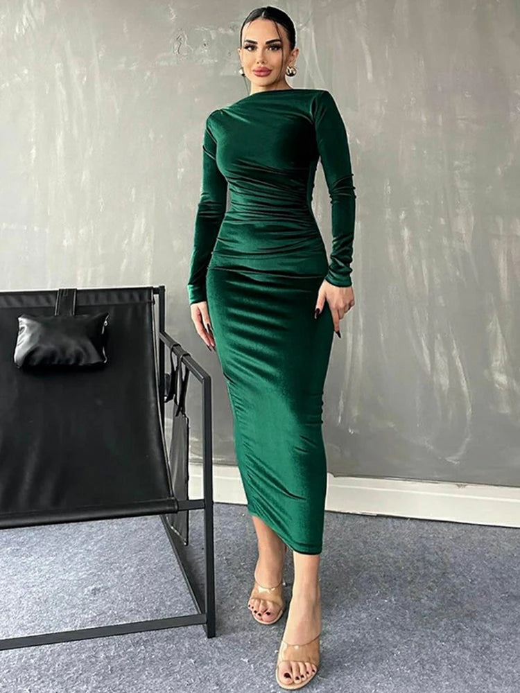 Dulzura 2025 Elegant Velvet Midi Dress – Ruched Long Sleeve Evening Outfit