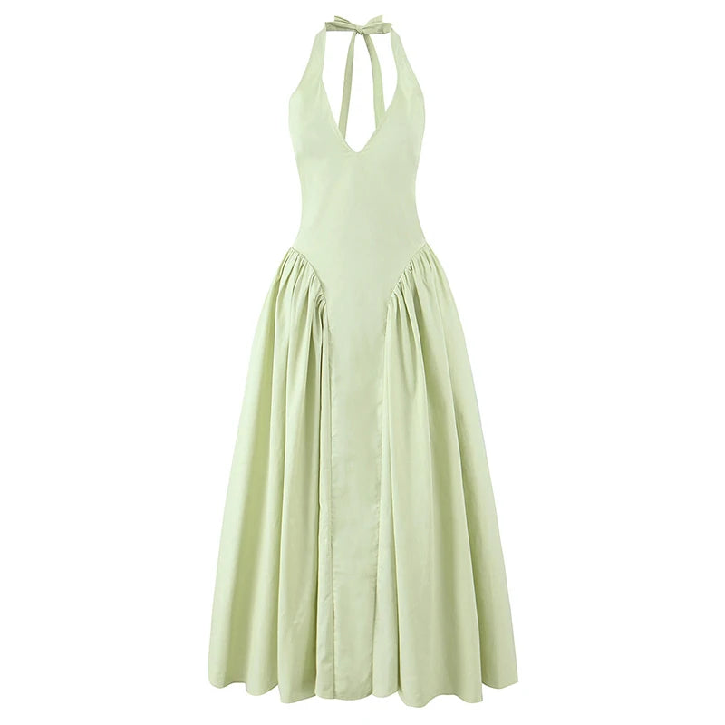 YENKYE Sexy Backless Green Halter Midi Dress – Cotton A-Line Low-Waist Summer Evening Dress