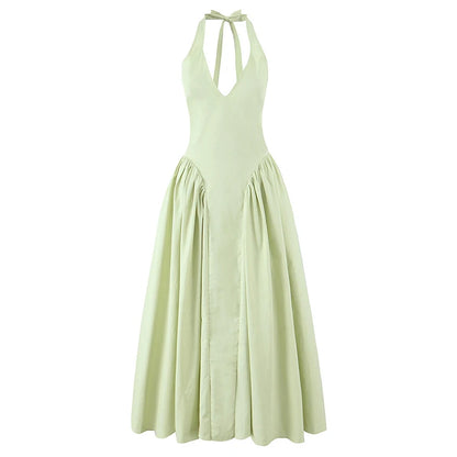YENKYE Sexy Backless Green Halter Midi Dress – Cotton A-Line Low-Waist Summer Evening Dress