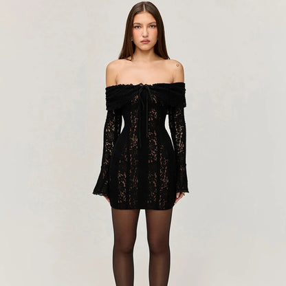 Suninheart White Off-Shoulder Lace Maxi Dress – Elegant Long Sleeve Bodycon Dress