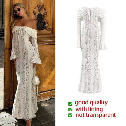 Suninheart White Off-Shoulder Lace Maxi Dress – Elegant Long Sleeve Bodycon Dress