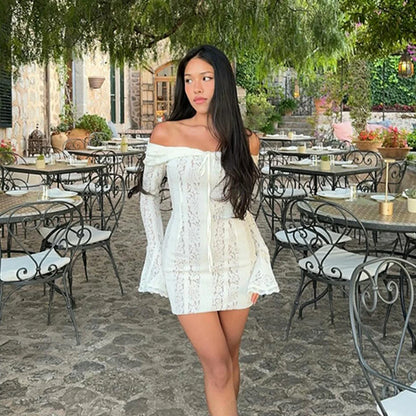 Suninheart White Off-Shoulder Lace Maxi Dress – Elegant Long Sleeve Bodycon Dress