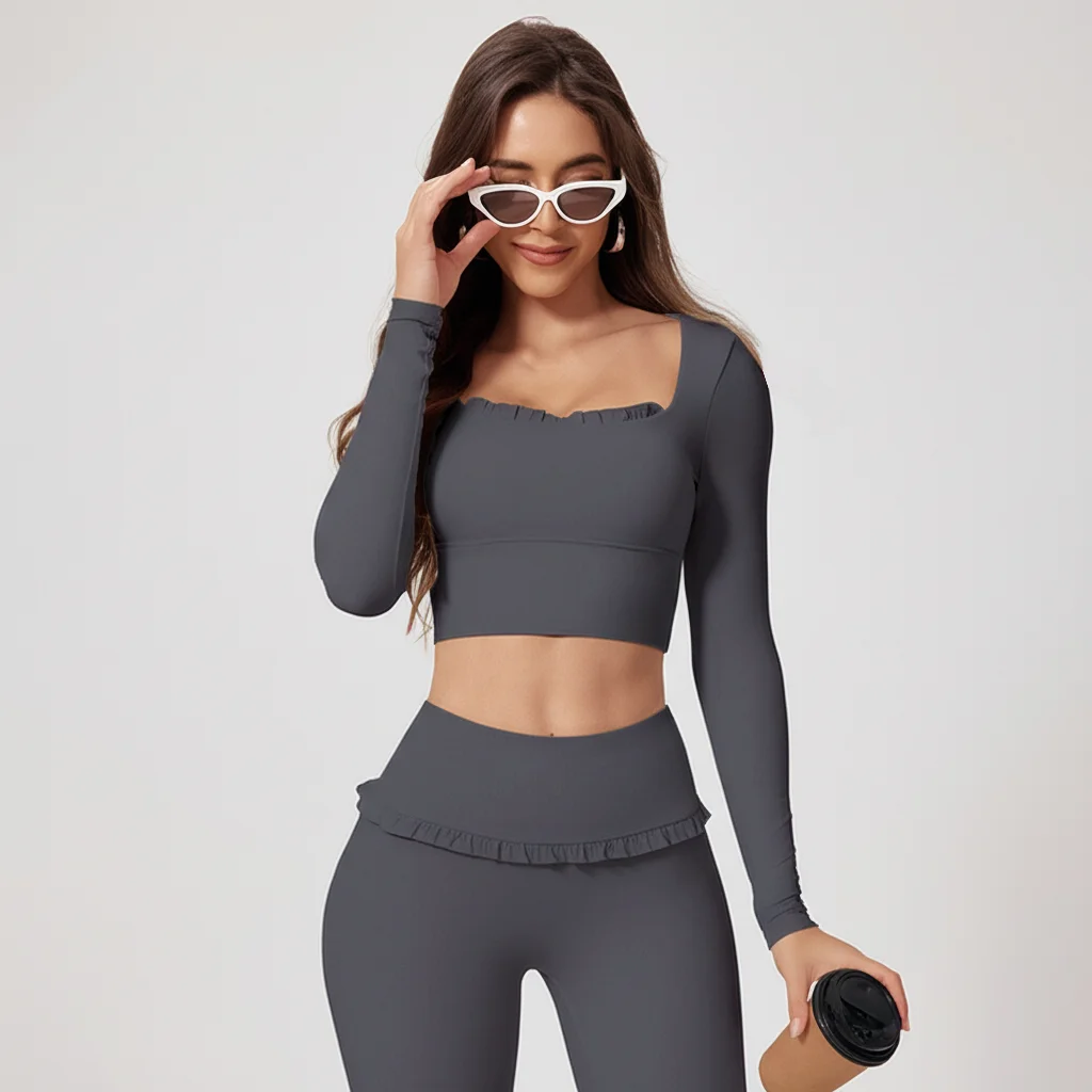 Frill Yoga Set for Women – Tummy Control Flare Pants & Long Sleeve Top (Dark Grey)