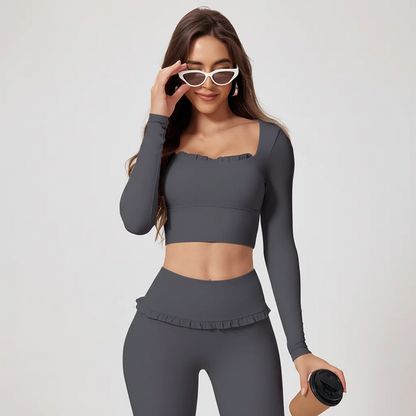 Frill Yoga Set for Women – Tummy Control Flare Pants & Long Sleeve Top (Dark Grey)