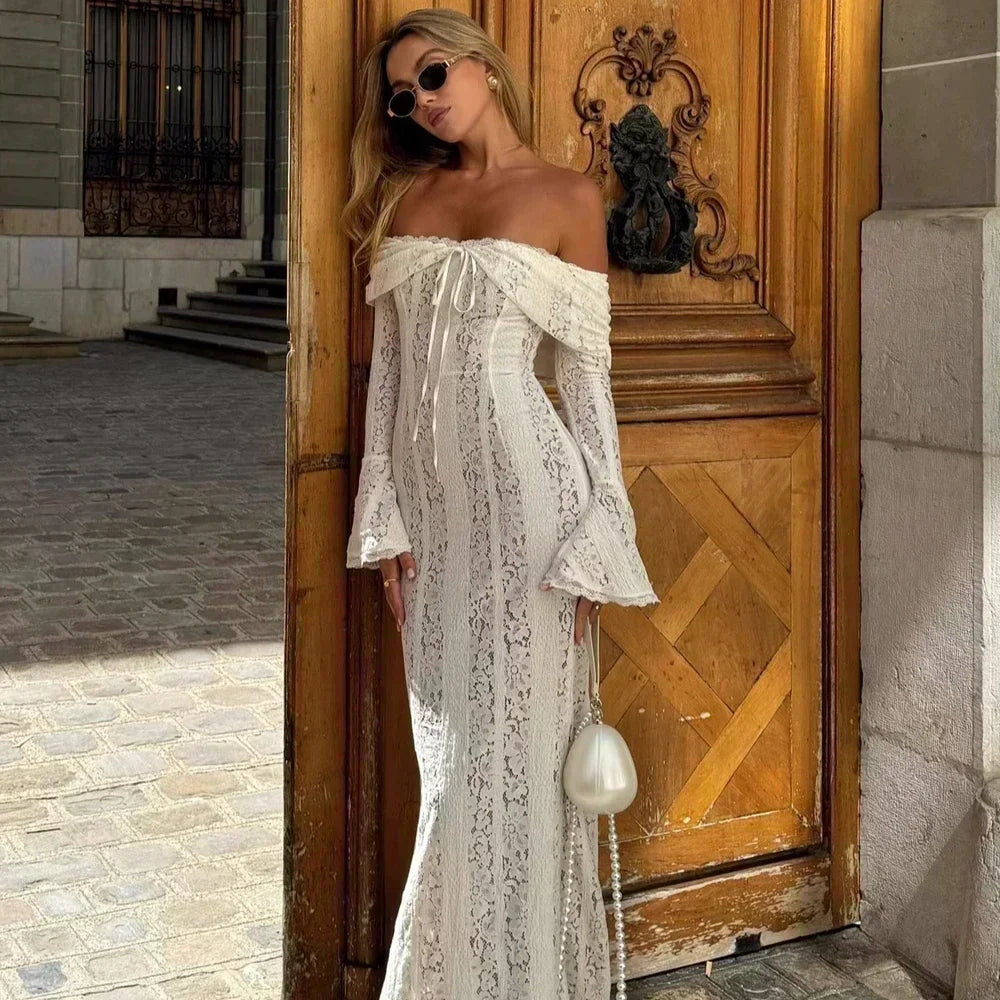 Suninheart White Off-Shoulder Lace Maxi Dress – Elegant Long Sleeve Bodycon Dress