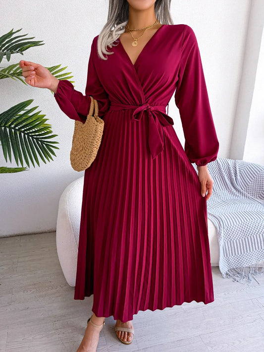 Elegant Women’s Pleated Maxi Dress – V-Neck, Long Sleeves, Special Edition