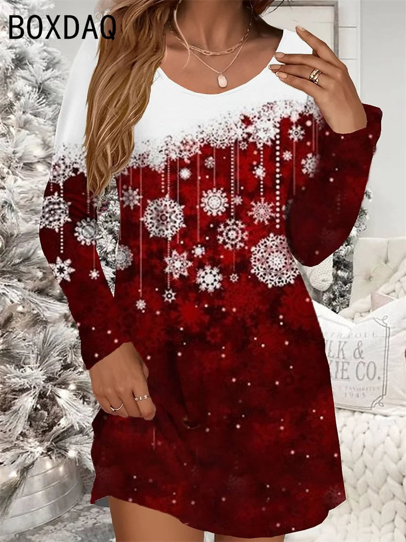 Festive Red Christmas Dress for Women – Snowman Print, Long Sleeve O-Neck Cozy Winter Mini Dress