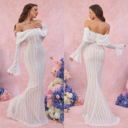Suninheart White Off-Shoulder Lace Maxi Dress – Elegant Long Sleeve Bodycon Dress