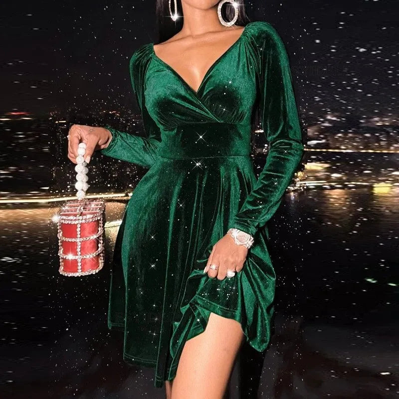 Women’s Long Sleeve Deep V-Neck Elegant Dress – 2025 Slim Holiday & Christmas Party Outfit