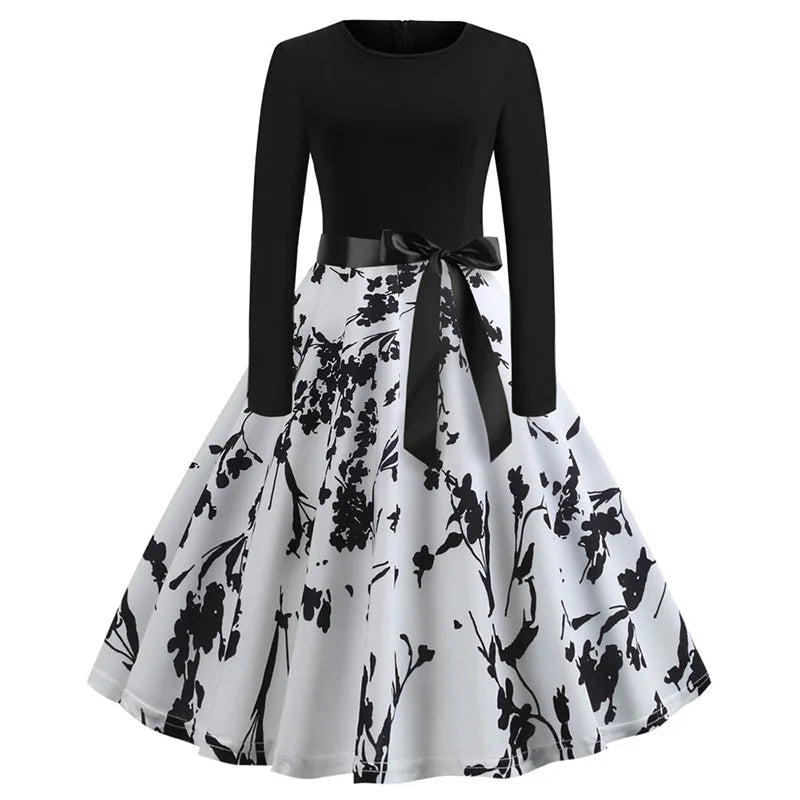 Women’s Vintage Christmas Party Dress – Classic 50s/60s Swing Style with Long Sleeves & Festive Print