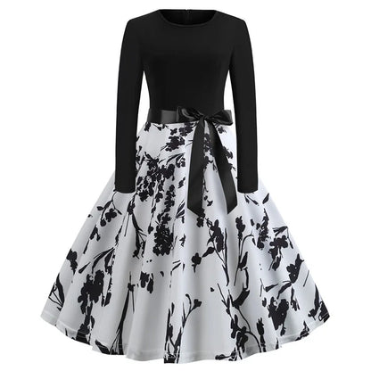 Women’s Vintage Christmas Party Dress – Classic 50s/60s Swing Style with Long Sleeves & Festive Print