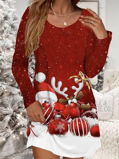 Festive Red Christmas Dress for Women – Snowman Print, Long Sleeve O-Neck Cozy Winter Mini Dress