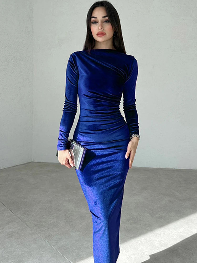 Dulzura 2025 Elegant Velvet Midi Dress – Ruched Long Sleeve Evening Outfit
