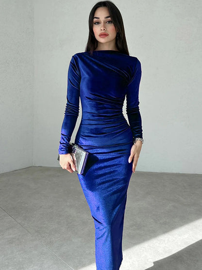 Dulzura 2025 Elegant Velvet Midi Dress – Ruched Long Sleeve Evening Outfit