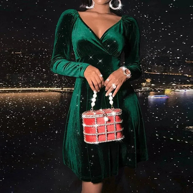 Women’s Long Sleeve Deep V-Neck Elegant Dress – 2025 Slim Holiday & Christmas Party Outfit