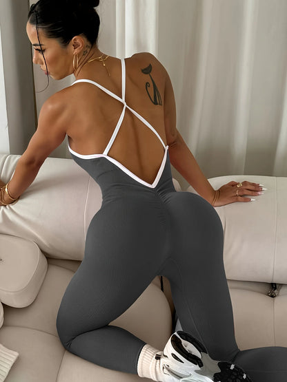 Women's Pink Sports Jumpsuit - One Piece Running Bodysuit Workout Romper