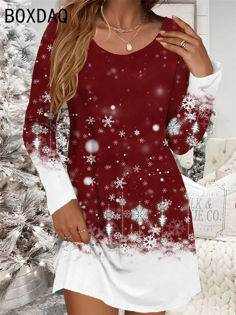 Festive Red Christmas Dress for Women – Snowman Print, Long Sleeve O-Neck Cozy Winter Mini Dress