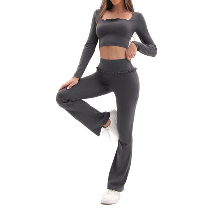 Frill Yoga Set for Women – Tummy Control Flare Pants & Long Sleeve Top (Dark Grey)