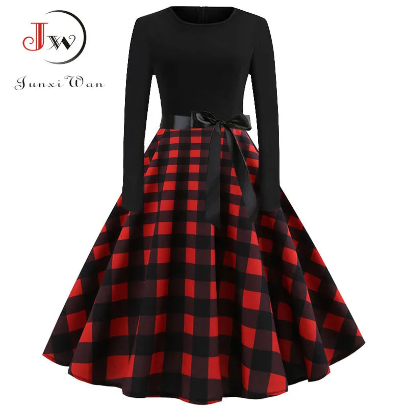 Women’s Vintage Christmas Party Dress – Classic 50s/60s Swing Style with Long Sleeves & Festive Print