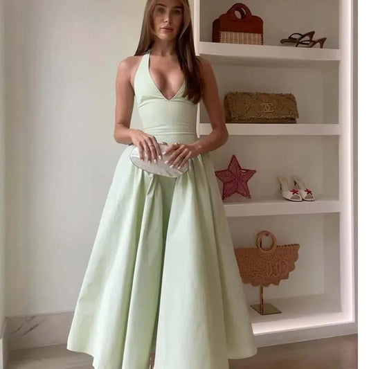 YENKYE Sexy Backless Green Halter Midi Dress – Cotton A-Line Low-Waist Summer Evening Dress