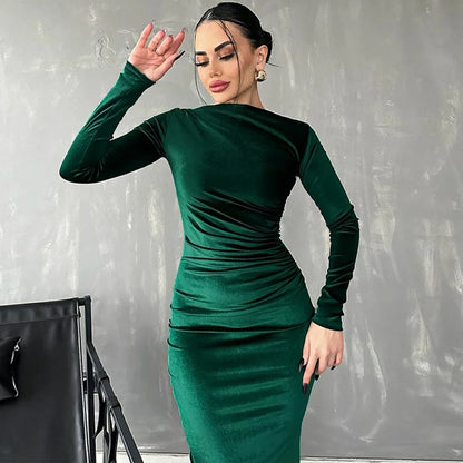 Dulzura 2025 Elegant Velvet Midi Dress – Ruched Long Sleeve Evening Outfit