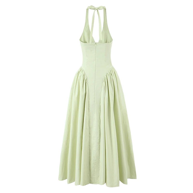 YENKYE Sexy Backless Green Halter Midi Dress – Cotton A-Line Low-Waist Summer Evening Dress