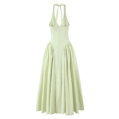 YENKYE Sexy Backless Green Halter Midi Dress – Cotton A-Line Low-Waist Summer Evening Dress