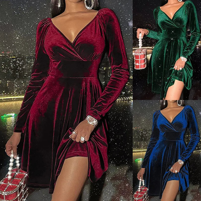 Women’s Long Sleeve Deep V-Neck Elegant Dress – 2025 Slim Holiday & Christmas Party Outfit