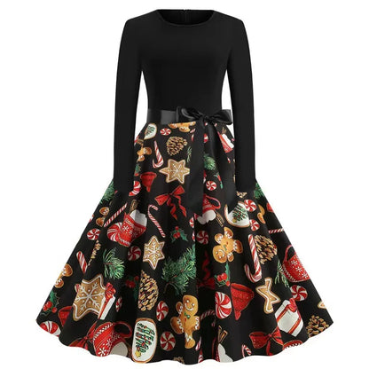 Women’s Vintage Christmas Party Dress – Classic 50s/60s Swing Style with Long Sleeves & Festive Print