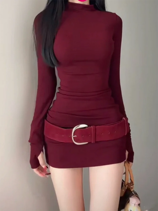 Women’s Slim Bodycon Turtleneck Mini Dress – Belted Party, Evening & Christmas Outfit