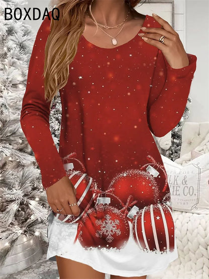 Festive Red Christmas Dress for Women – Snowman Print, Long Sleeve O-Neck Cozy Winter Mini Dress