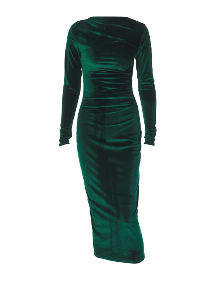 Dulzura 2025 Elegant Velvet Midi Dress – Ruched Long Sleeve Evening Outfit