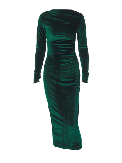 Dulzura 2025 Elegant Velvet Midi Dress – Ruched Long Sleeve Evening Outfit
