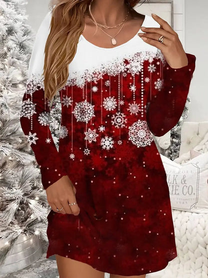 Festive Red Christmas Dress for Women – Snowman Print, Long Sleeve O-Neck Cozy Winter Mini Dress