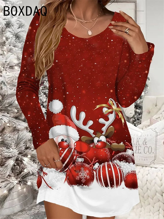 Festive Red Christmas Dress for Women – Snowman Print, Long Sleeve O-Neck Cozy Winter Mini Dress