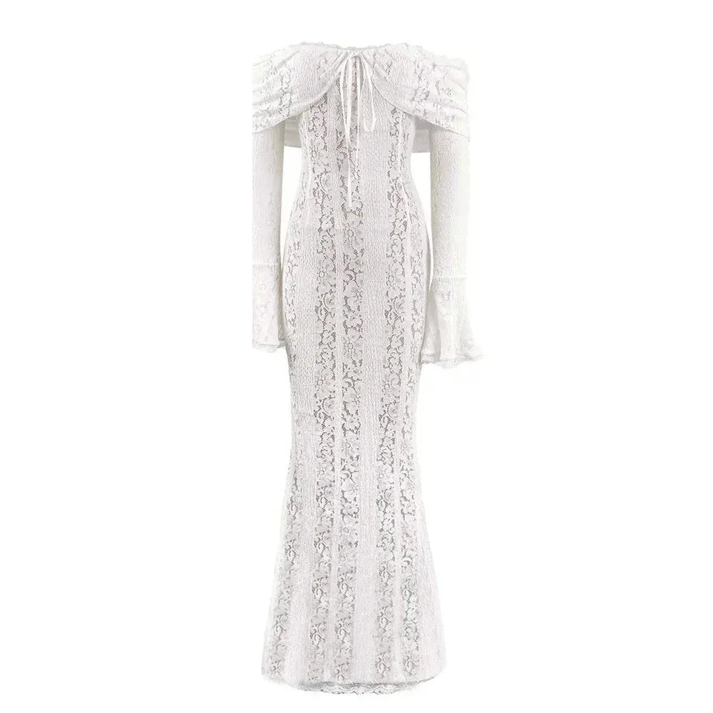 Suninheart White Off-Shoulder Lace Maxi Dress – Elegant Long Sleeve Bodycon Dress