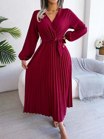 Elegant Women’s Pleated Maxi Dress – V-Neck, Long Sleeves, Special Edition