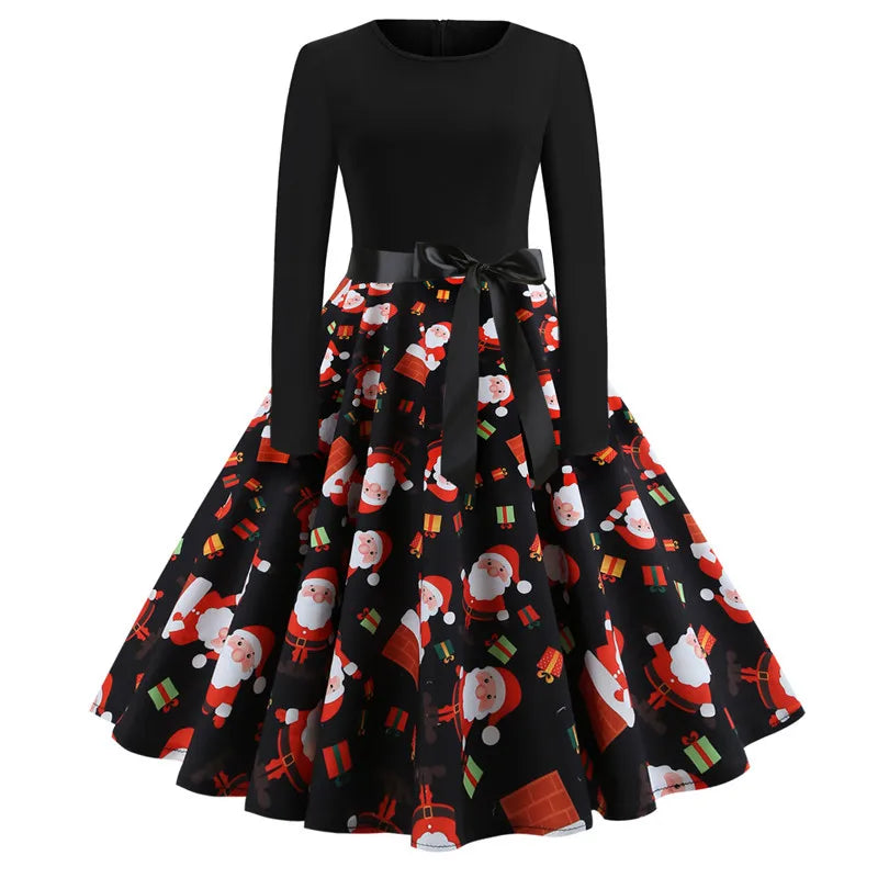 Women’s Vintage Christmas Party Dress – Classic 50s/60s Swing Style with Long Sleeves & Festive Print