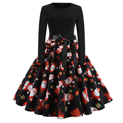 Women’s Vintage Christmas Party Dress – Classic 50s/60s Swing Style with Long Sleeves & Festive Print