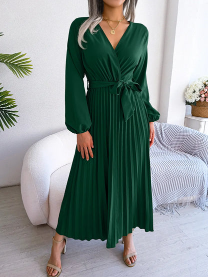 Elegant Women’s Pleated Maxi Dress – V-Neck, Long Sleeves, Special Edition