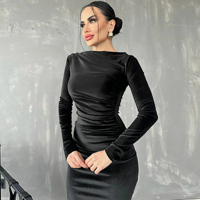 Dulzura 2025 Elegant Velvet Midi Dress – Ruched Long Sleeve Evening Outfit