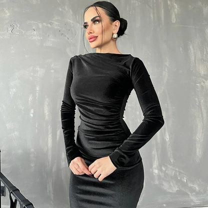 Dulzura 2025 Elegant Velvet Midi Dress – Ruched Long Sleeve Evening Outfit