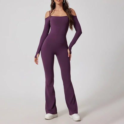 Women's Yoga Jumpsuit with Flared Pants - Gym Fitness Bodysuit with Pockets