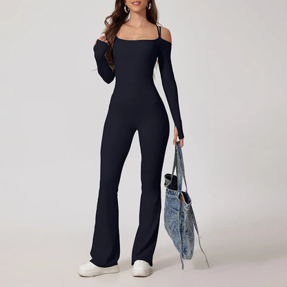 Women's Yoga Jumpsuit with Flared Pants - Gym Fitness Bodysuit with Pockets