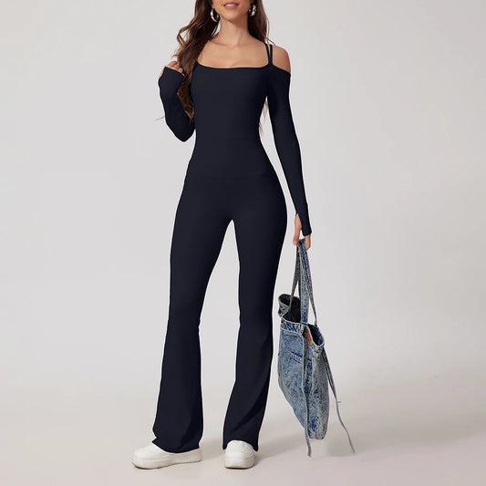 Women's Yoga Jumpsuit with Flared Pants - Gym Fitness Bodysuit with Pockets