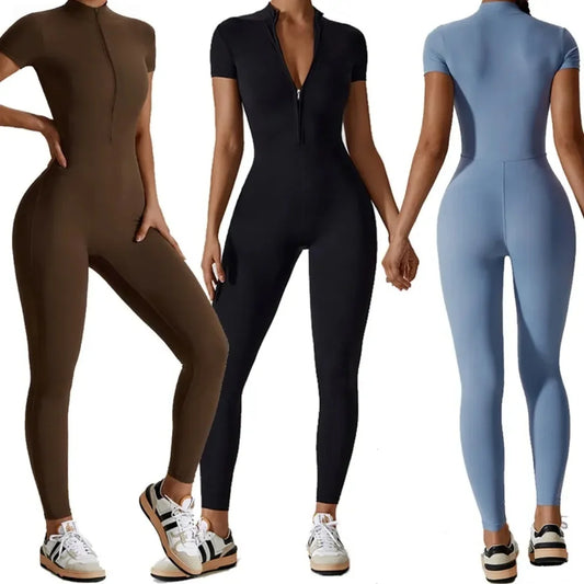 Women's Zipper Front Yoga Jumpsuit - Quick Dry Fitness Bodysuit