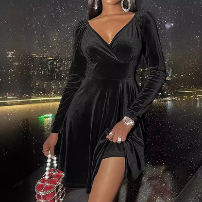 Women’s Long Sleeve Deep V-Neck Elegant Dress – 2025 Slim Holiday & Christmas Party Outfit